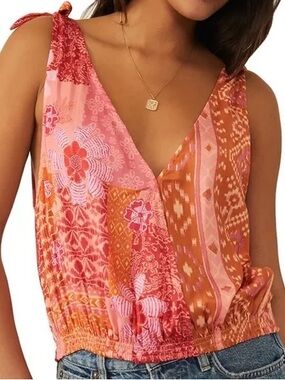 Free People Pink and Orange Patchwork V-Neck Tie-Strap Tank
